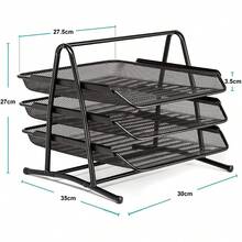 Organizador de escritorio de metal de malla de 3 niveles, soporte para archivos, bandeja para cartas, soporte para papel A4, organizador de escritorio de oficina. - Estante para archivos de tres niveles - Ver 4