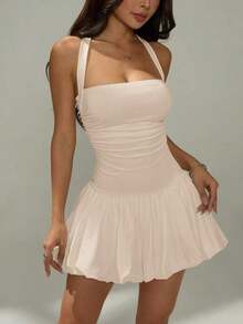 Vestido informal corto de unicolor con cuello de lazo y espalda descubierta para mujer - Albaricoque - Ver 3