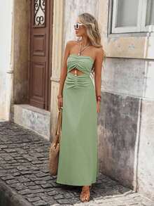 Vestido de gasa con estampado para primavera y verano con cuello de halter para mujeres - Verde - Ver 2