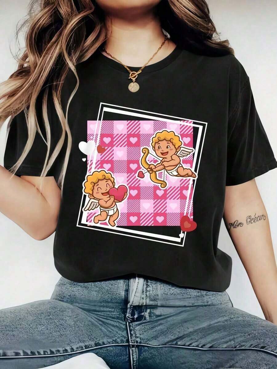 1 Paquete De Camiseta Estampada Con Mensaje Del Día De San Valentín De M² Para Mujer - Cuello Redondo De Punto De Poliéster Casual - Camiseta Ligera Y Transpirable Para Todas Las Estaciones Round Neck Printed Short Sleeve Casual Everyday T-Shirt, They Are Excellent Gifts For Friends And Family,100% Cotton T-Shirts Feature, A Youthful And Fashionable Design-Vintage Street Style Unisex Loose Cotton Short Sleeve Crew Neck T-Shirtblusas para mujer, playeras de mujer, blusas casuales para dama, - Negro - Ver 1