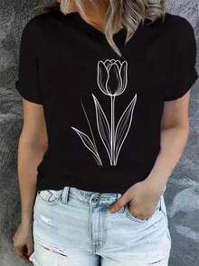 Diseñada para mujeres modernas, elegantes y cómodas, esta camiseta estampada de manga corta para el verano es a la moda y casual, con un ajuste cómodo y lavable a máquina y un estampado plan - Negro_02 - Ver 12