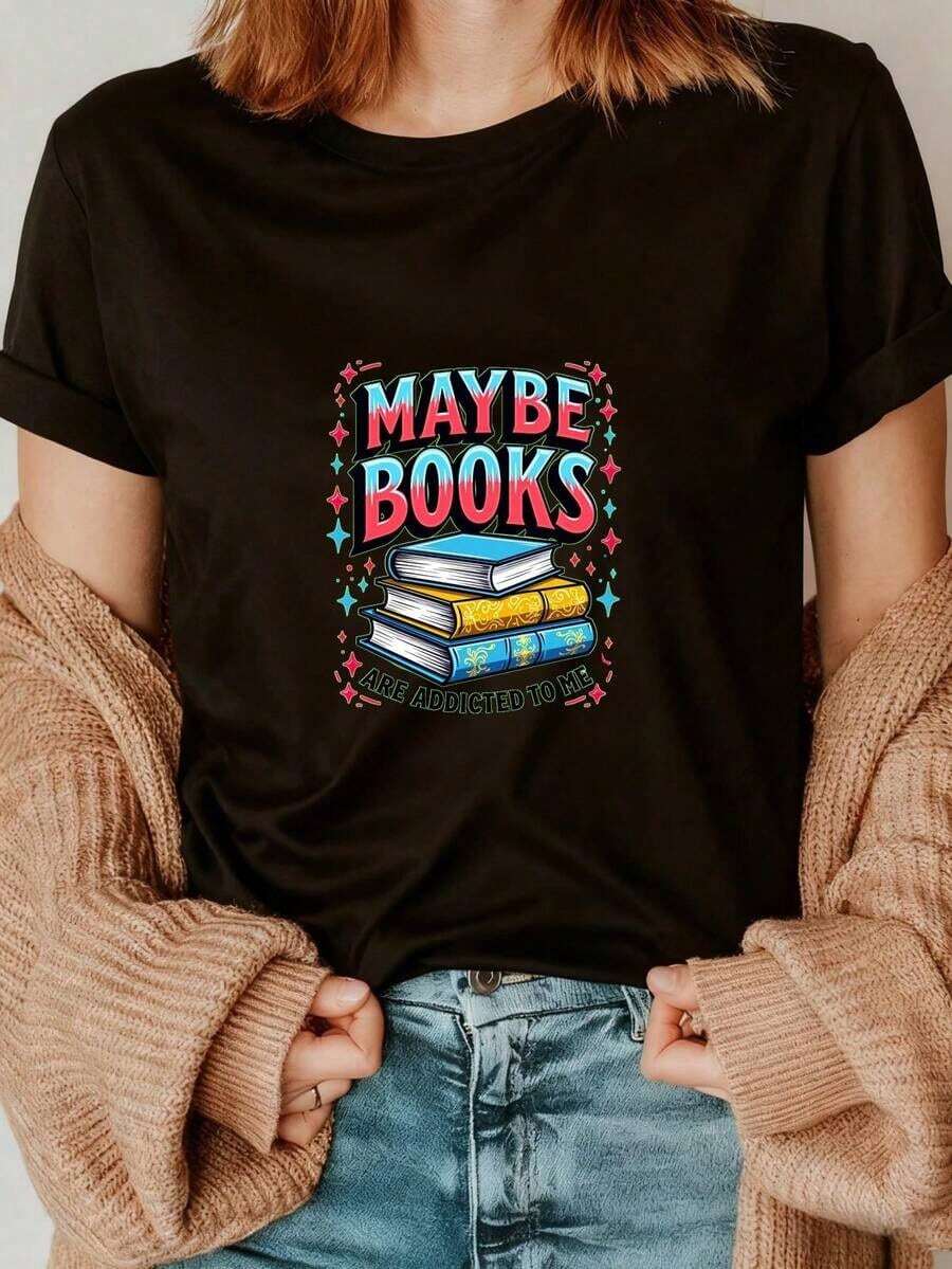 Camiseta de manga corta de algodón puro para mujer, con un divertido estampado para amantes de los libros, que combina el estilo callejero vintage con el estilo relajado de las chicas francesas. Es un lujo minimalista y discreto, adecuado para diversas ocasiones, incluyendo vacaciones, ocio y deportes. Hecho de tela transpirable, que absorbe la humedad y de secado rápido, es suave y agradable al tacto, con opción de corte holgado o ajustado. - Negro - Ver 1