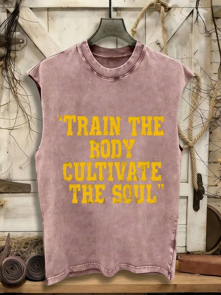 Summer Tops2026100% Cotton Sleeveless Vest 210G Washed T-Shirt 'TRAIN THE BODY CULTIVATE THE SOUL' - Vintage Distressed Fitness Tank Top For Men & Wom - 咖啡棕 - 查看 1