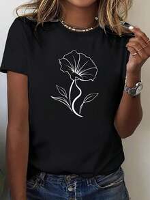 Women's T-Shirt, Fashionable Ladies' T-Shirt, 180g Cotton, Plus Size,  Letter Print Cotton Top, Women's Urban Casual Style Short Sleeve Cotton T-Shirt, Suitable For All Seasons, Perfect To Wear. - 黑色 - 查看 8