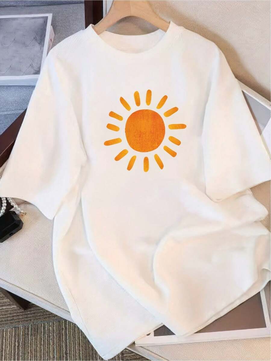 Women's T-Shirt, 100% Cotton, Short Sleeve, Unique Printed Design, New Summer Style 2026, Loose Fit, Slimming Top For Students, Women's Tops. - 白色 - 查看 1