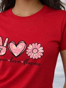 Soft 100% Cotton T-Shirt, Casual Women's T-Shirt With Cursive Lettering, Retro, Peace Symbols, Love And Flowers, Leopard Print, Heart, Breathable Cotton T-Shirt, Matches Everything, Cool. - 紅色 - 查看 2