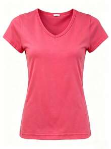 Women's Basic Orange V-Neck T-Shirt with Short Sleeves, Everyday Casual Top with Slight Stretch for Comfort - Naranja - Ver 2