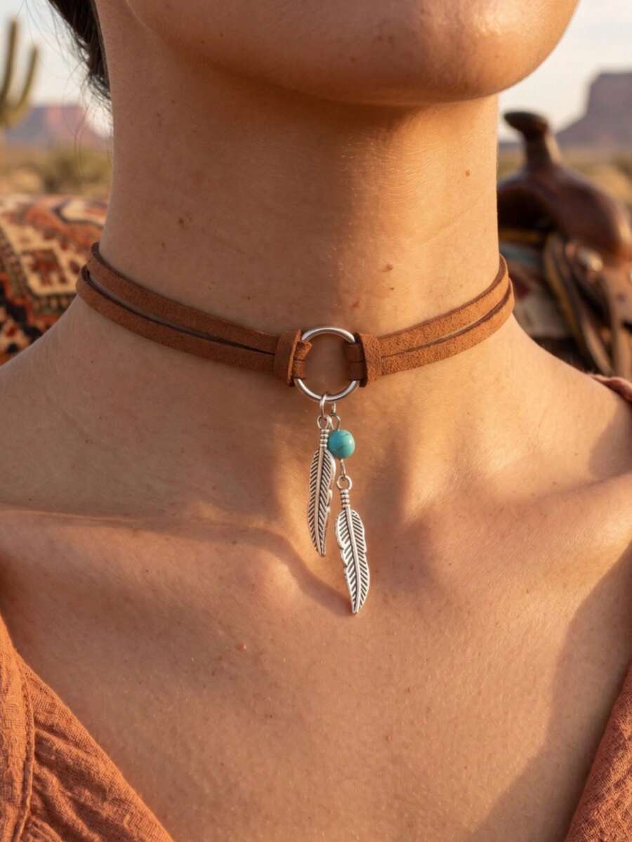 1pc Bohemian Western Cowgirl Feather Pendant Necklace, Vintage Double-Layer Suede Choker Necklace For Women, Suitable For Music Festivals, Vacations And Daily Wear - Multicolor - View 1