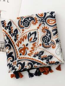 Bohemian Cashew Flower Print Tassel Scarf, Retro Paisley Pattern Shawl, Versatile Polyester Chiffon Scarf - White - View 7