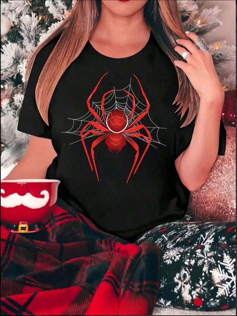 Women's Spider Print Camisole, A New Camisole With A Creative Spider Design, American And Hong Kong Style, Featuring A Fun Green Creature Dressed In Red Christmas Clothes And Hat, Surrounded By Festive Decorations. Printed On A Casual, Short-Sleeved, Crew-Neck Women's Camisole, Modern, Lettered, Loose Fit, Suitable For Couples. Suitable As A Gift. Women's T-Shirt. Blouses > Elegant. Boho Chic. Women's T-Shirt, Soft And Breathable: Perfect For Vacations, Travel, And Festive Occasions, And Suitable For Wearing In Multiple Seasons. - 黑色 - 查看 1