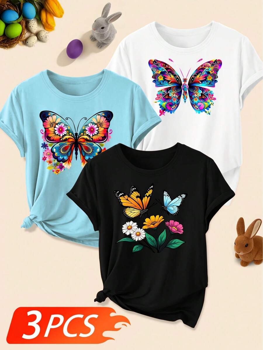 Conjunto de Primavera y Verano con Estampado Floral de Mariposas Vibrantes para Mujer, Cuello Redondo y Manga Corta, Estilo Retro, Camiseta de una sola pieza, no es un conjunto de 3 piezas.Blusas Elegantes y Dulces para Fiestas y Uso Diario, Blusas Versátiles para Mujer Tallas S-XXXL, para San Valentín y Pascua. Camiseta holgada, casual y versátil. - Negro - Ver 1