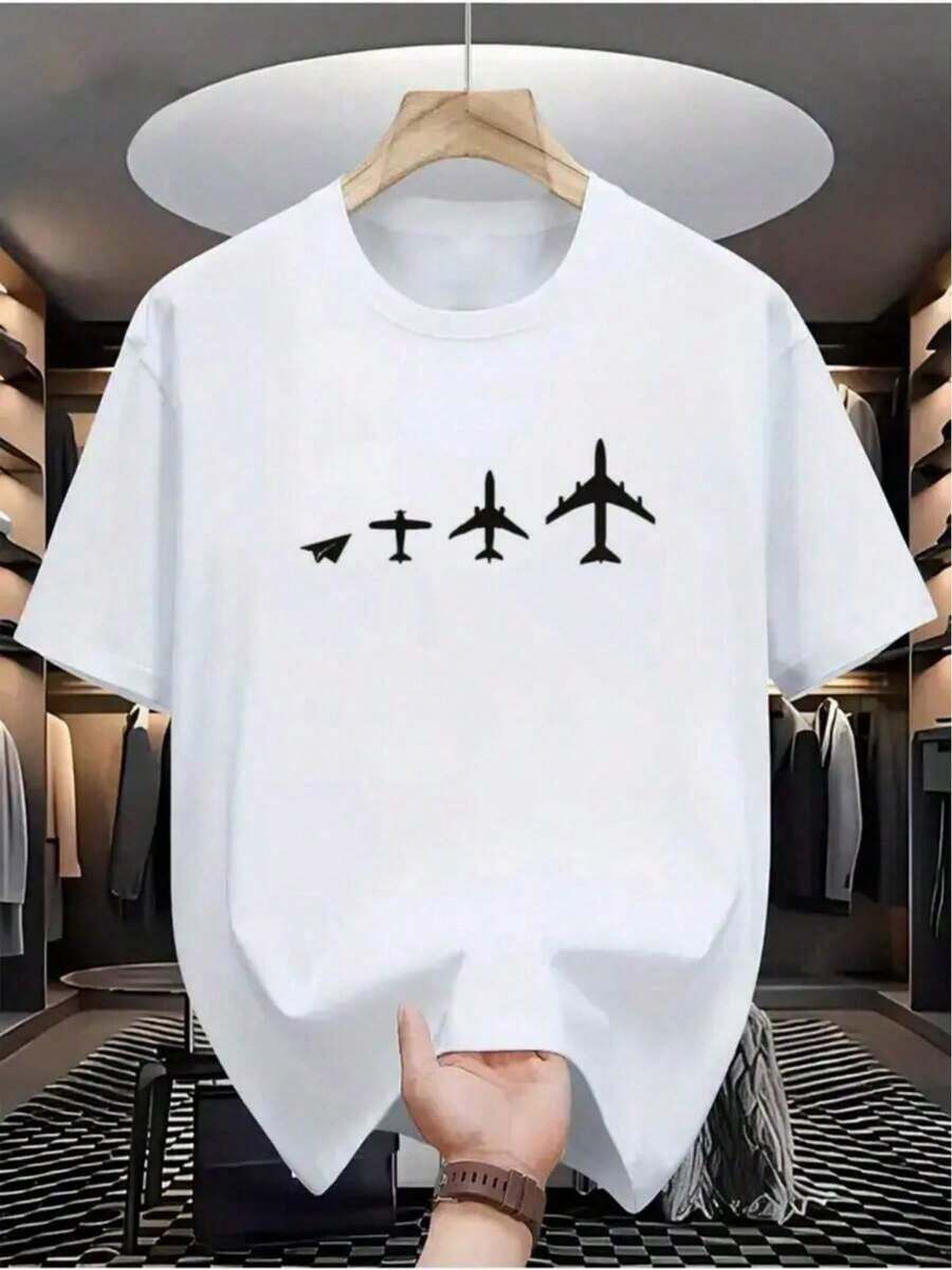 Premium Black Crew Neck T-Shirt With Airplane Evolution Print, Suitable For Casual And Sport Wear, All-Season Short Sleeve T-Shirt, Slightly Stretchy Knit Fabric, Regular Fit, Perfect For Everyday And Weekend Wear. - 白色 - 查看 1