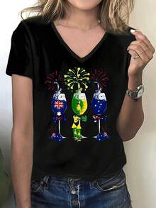 LZ250508 (61) Women's Casual Short Sleeve T-Shirt With 2D Flat Print, Casual Summer Tops For Spring, Summer And Autumn - Fashionable Women's Clothing For Daily Wear - 黑色 - 查看 1