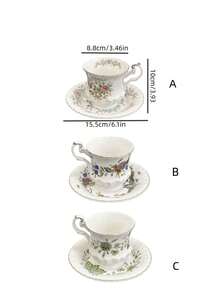 1 Conjunto de Xícaras e Pires com Borda Dourada Floral do Palácio, Conjunto de Louça de Porcelana Vintage, Xícaras de Café Elegantes com Flor Verde, Xícara e Pires de Leite para Café da Manhã, Adequado para Casa, Restaurante, Café, Loja de Sobremesas, Presente - Multicolorido - Visão 2