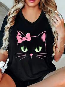 Soft Women's V-Neck T-Shirt, Loose Fit, Casual And Comfortable For Summer, V-Neck Design, Machine Washable, Versatile For Spring, Summer And Autumn, An Ideal Gift For Women, Elegant Blouses For Ladies. - 黑色 - 查看 7