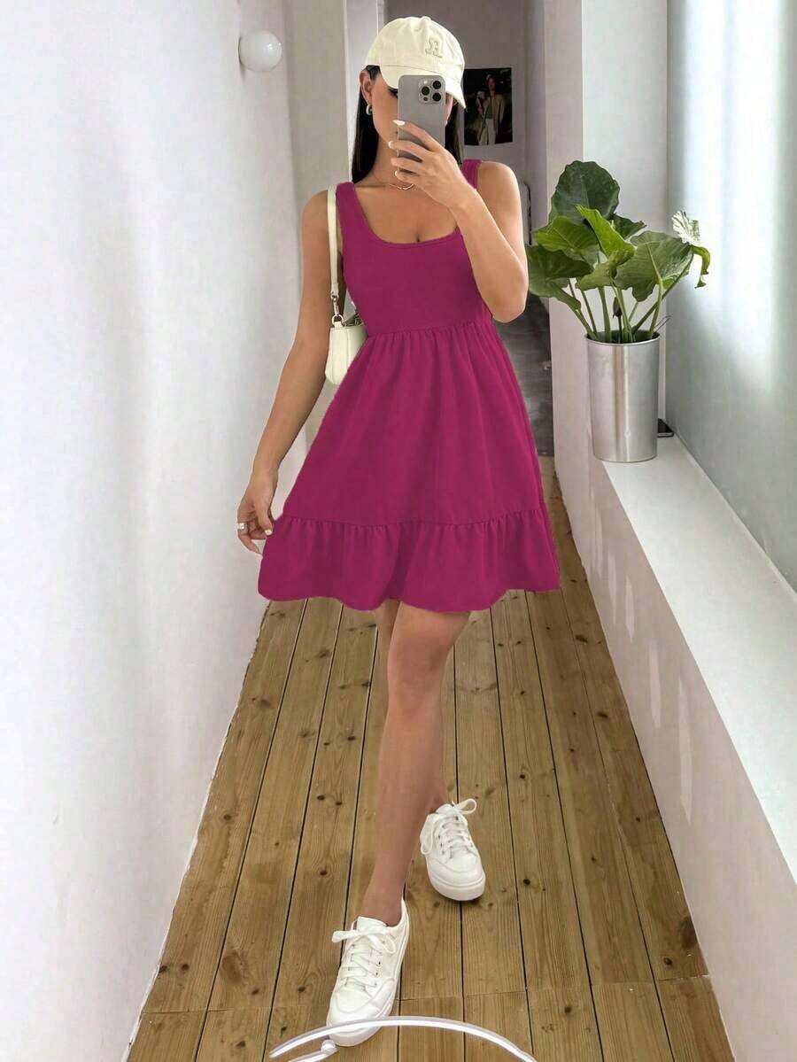Vestido casual sin mangas de verano para mujer con dobladillo de volantes acanalado y parche empalmado - Rojo violeta - Ver 1