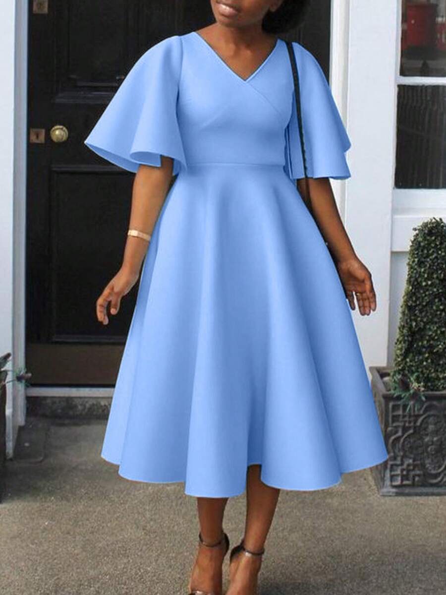 Women's Elegant European And American Style Evening Dress 2026, New Design, V-Neck, Puff Sleeves And Full Hem Skirt - 天藍色 - 查看 1