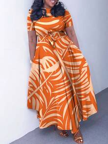 Plus Size Elegant Lace-Up Short Sleeve Flared Dress, New Style 2026 For Women - Tachibana Apricot - View 1