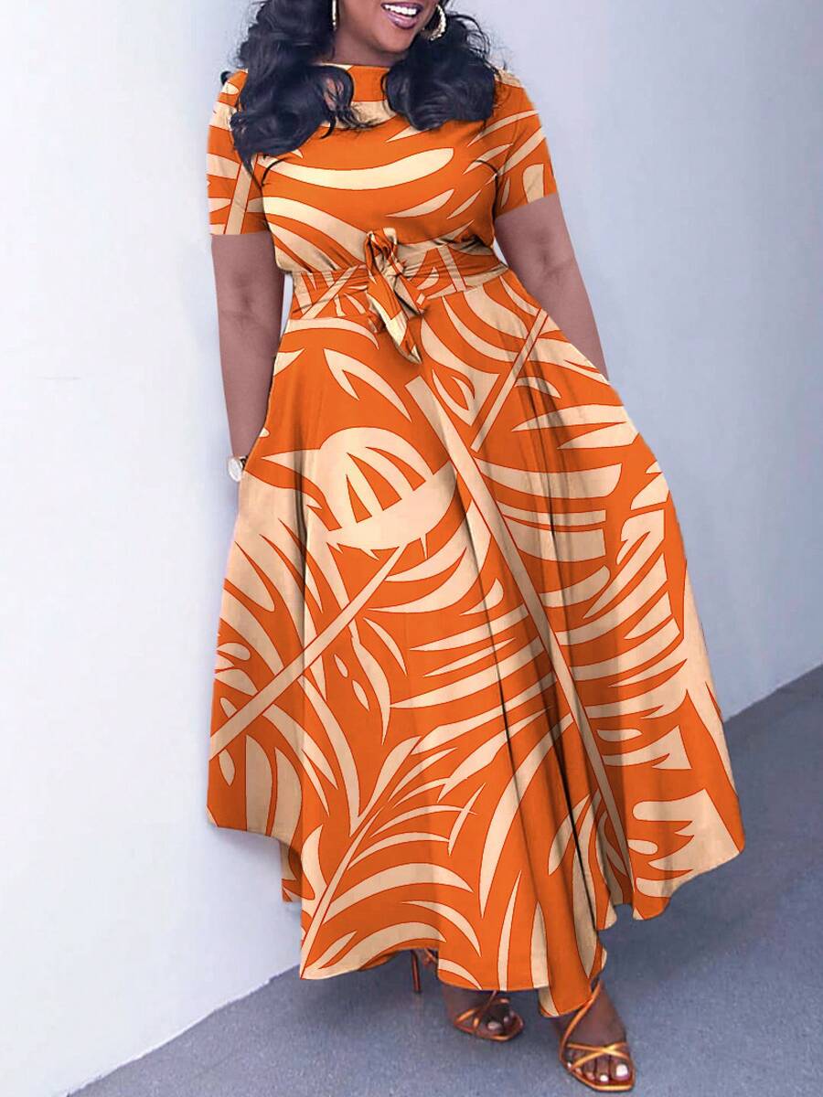 Plus Size Elegant Lace-Up Short Sleeve Flared Dress, New Style 2026 For Women - Tachibana Apricot - View 1