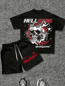 (2-Piece Outfit)  Angel Skull Pattern Men's Round Neck Short Sleeved Sports Shirt+Drawstring Shorts, Casual And Comfortable,Streets,Vacation Wear. - 黑色+黑色 - 查看 1
