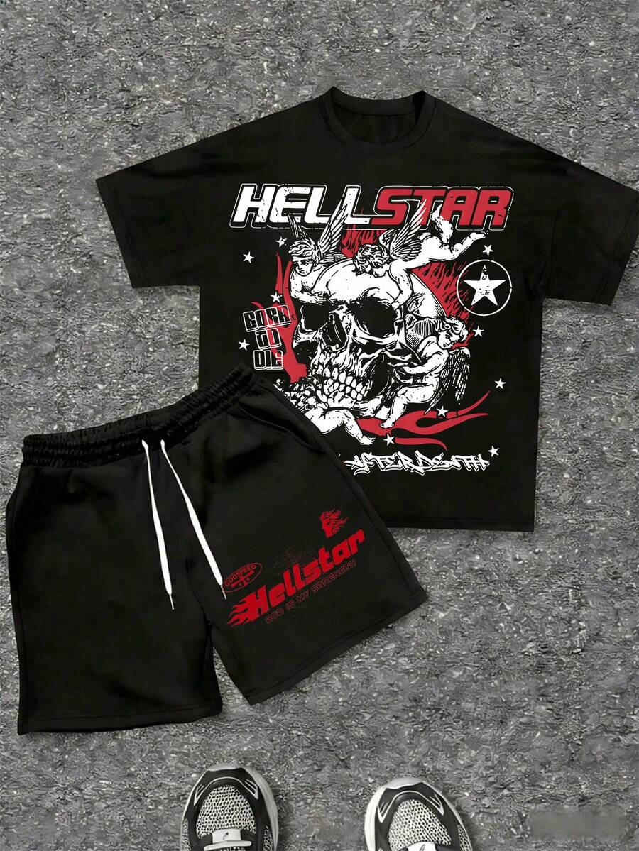 (2-Piece Outfit) Angel Skull Pattern Men's Round Neck Short Sleeved Sports Shirt+Drawstring Shorts, Casual And Comfortable,Streets,Vacation Wear. - 黑色+黑色 - 查看 1