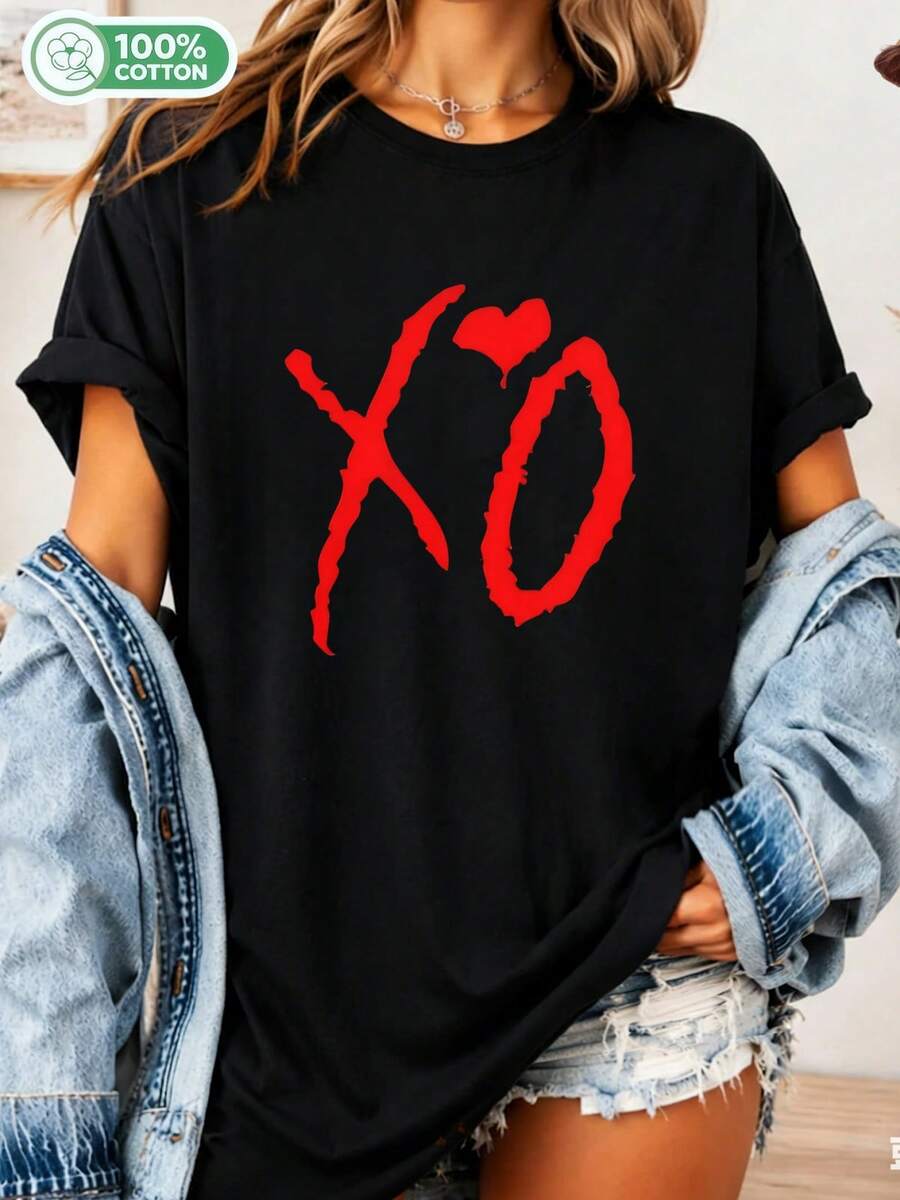 100% Cotton T-Shirt With Red Heart Logo WWeeknd XO, Unisex, Casual, For R&B Fans. - Black - View 1