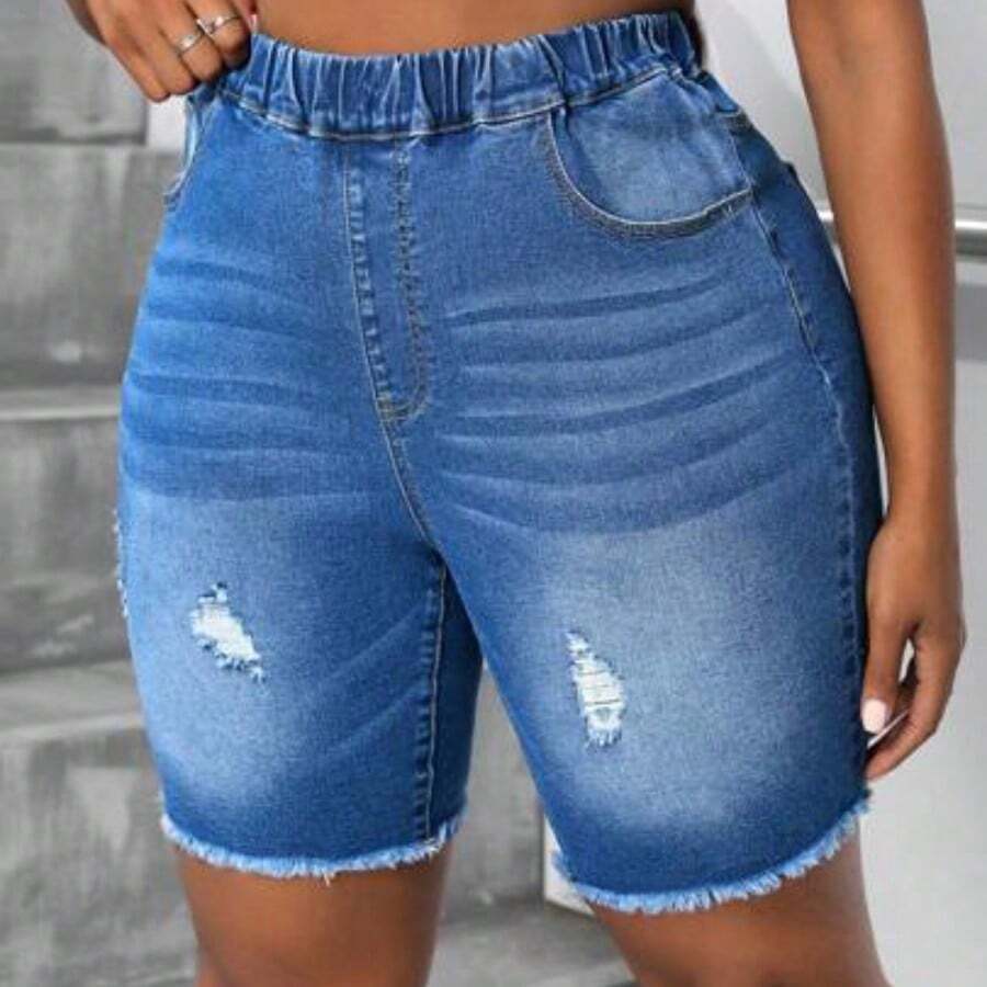 Plus Size Women's Autumn Pockets Distressed Elastic Waist Denim Biker Pants - Lavado ligero - Ver 1