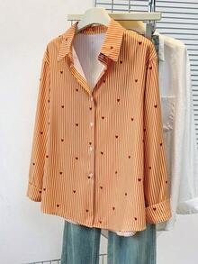 Blusa de mujer con cuello polo, estampado de corazones y rayas - Camisa casual de manga larga con botones, adecuada para uso diario en primavera, verano y otoño - Naranja - Ver 3