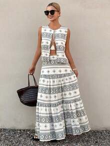 Conjunto de top de cárdigan sin mangas con cordones y falda evasé con estampados de rayas, flores y patrones geométricos, elegante para ir al trabajo, vacaciones, playa, boda, Día de San Valentín, estilo bohemio - Blanco y Negro - Ver 1