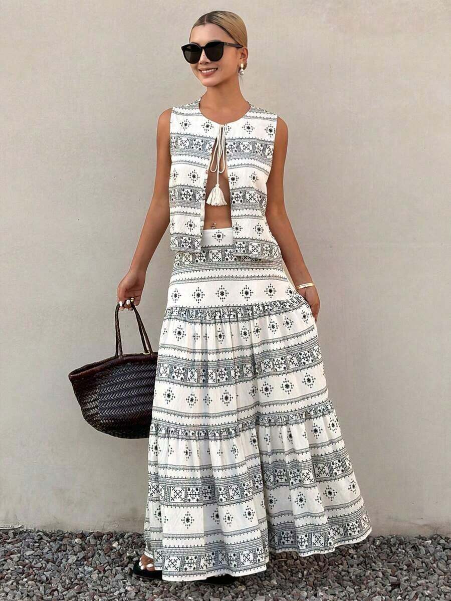 Conjunto de top de cárdigan sin mangas con cordones y falda evasé con estampados de rayas, flores y patrones geométricos, elegante para ir al trabajo, vacaciones, playa, boda, Día de San Valentín, estilo bohemio - Blanco y Negro - Ver 1