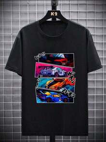 Plus Size Fashionable Car Print Short Sleeve-Shirt - Black - View 2