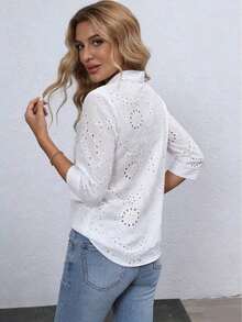 Blusa de mujer con bordado floral y cuello con muesca, manga 3/4.Tops de manga tres cuartos - Blanco - Ver 2