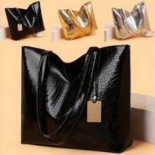 New Crocodile Print Women's Fashion Tote Bag, Simple And Spacious Women's Shoulder Bag, Everyday Commuting Handbag, Shopping And Travel Item Organizer, Phone Bag And Wallet, Back-To-School Season Book And Item Bag - 金色 - 查看 10