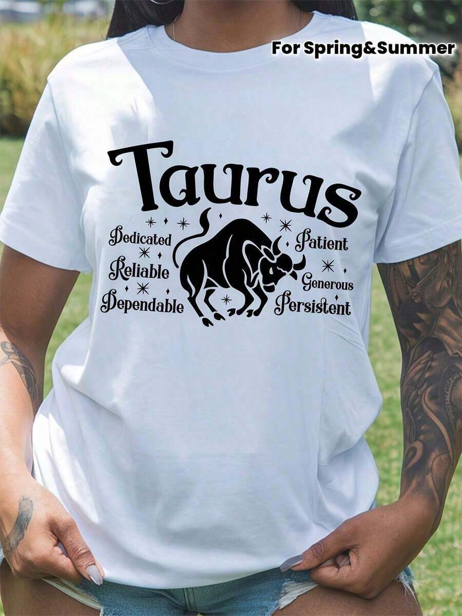 1 pieza [Camiseta Divertida de Tauro] Camiseta de Manga Corta Divertida de Tauro |   Camiseta de Mujer con Estampado de las Doce Constelaciones, Ideal para Primavera y Verano, Regalo para Amigos y Familiares, 180g Algodón 100% - Blanco - Ver 1