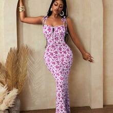 BamGlam Women Floral Print Bodycon Sexy Fashion Elegant Party Vacation Festival Summer Dress - Azul - Ver 9