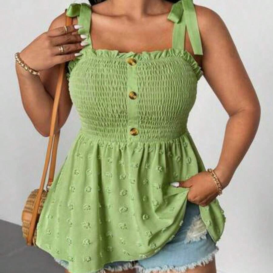 Plus Size Women's Solid Color Front Gathered Patchwork Textured Fabric Shoulder Strap Blouse - Verde - Ver 1