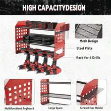 Tool Storage, Tool Rack For 4 Drill Holders, Heavy Duty Wall Mounted Rack For Garage, Home, Workshop - Red - View 4