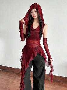Solid Color Fitted Top With Hood And Sleeveless Mesh - Apricot - View 7