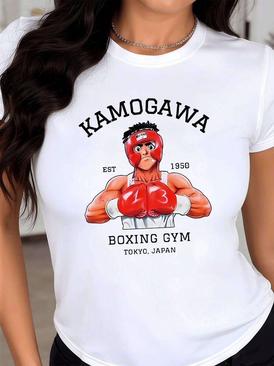 Figure Of A Boxer With Red Gloves Symbolizing Strength, Determination, And Discipline, Inspired By The Energy Of Classic Tokyo Training. Ideal For Active And Confident Women; A Modern, Comfortable, And Attractive Women's T-Shirt. - 白色 - 查看 1