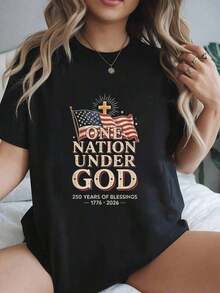 Ropa de Verano, Una Nación Bajo la Guía de Dios, 250 Años de Bendiciones, Camiseta de Fe Patriótica, Conjuntos de Primavera para Mujer, Tops de Verano - Camiseta Unisex de Estilo Urbano Vintage, Holgada, de Algodón, Manga Corta, Cuello Redondo, 100% Algodón Puro - Negro - Ver 1