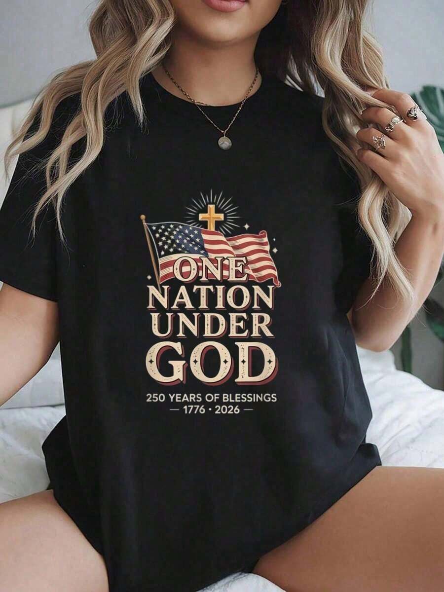 Ropa de Verano, Una Nación Bajo la Guía de Dios, 250 Años de Bendiciones, Camiseta de Fe Patriótica, Conjuntos de Primavera para Mujer, Tops de Verano - Camiseta Unisex de Estilo Urbano Vintage, Holgada, de Algodón, Manga Corta, Cuello Redondo, 100% Algodón Puro - Negro - Ver 1