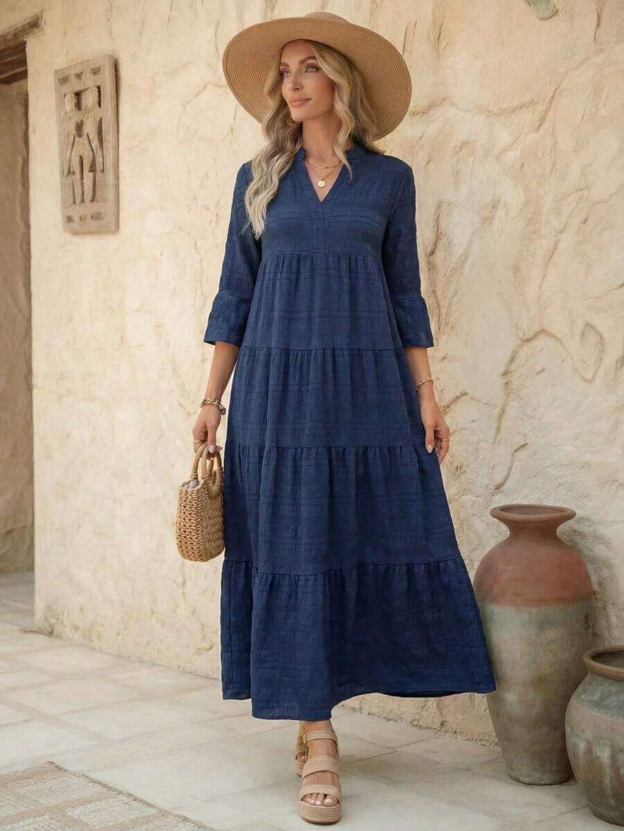 Vestido de vacaciones con mangas acampanadas y volantes en el bajo, unicolor para mujer, atuendos de vacaciones para mujer - Azul marino - Ver 1