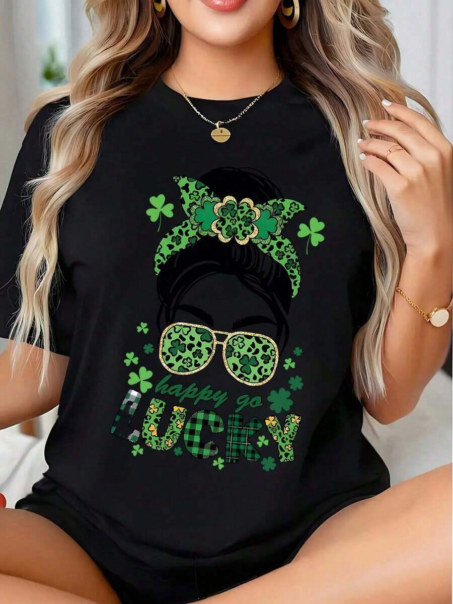 1 Piece Of Lucky St. Patrick's Day T-Shirt With Shamrock Headband And Sunglasses Design, Happy Go Lucky Print For Women, Celebration Outfit, 210g 100% Cotton, Designs Are Fully Printed. Unisex. - 黑色 - 查看 1