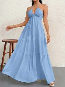 Vestido de gasa con cuello halter y espalda descubierta con nudo para mujeres, ideal para resort, boda y eventos - Celeste - Ver 4