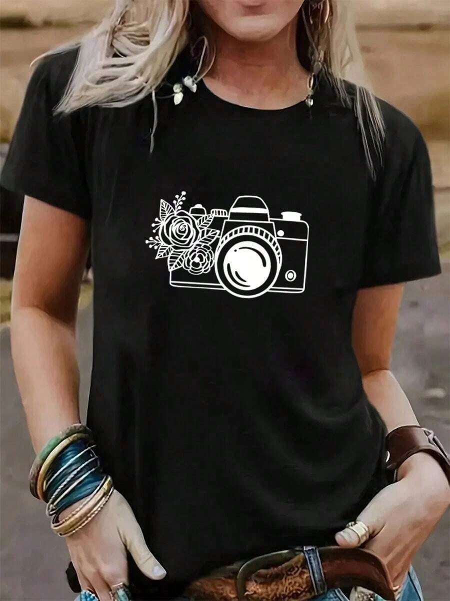 Camiseta Mujer Camara Estampado Flores Primavera y Verano Casual Suelta Cuello Redondo Manga Corta - Negro - Ver 1