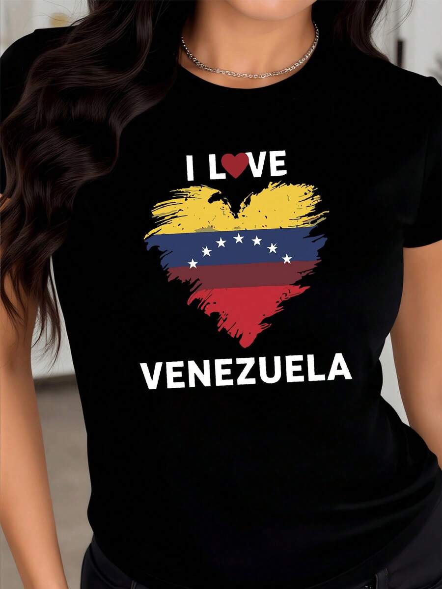 Corazón formado por los colores vibrantes de la bandera de  simbolizando amor orgullo y conexión con el país camiseta de mujer casual moderna confortable para uso diario - Negro - Ver 1