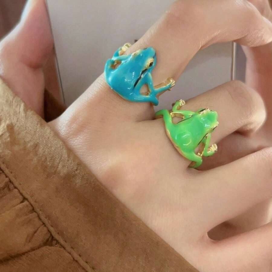 1 pieza Anillo con diseño único de rana verde, anillo abierto ajustable con estilo europeo y americano, lindo y peculiar - Multicolor - Ver 1