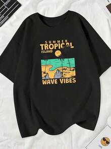 1 Yellow Island Tropical Wave Print T-Shirt - Featuring Palm Tree Print And Surf Logo, Hawaii/Turks And Caicos Lettering, Casual Short-Sleeve Beachwear For Summer, Machine Washable, Ideal For Vacations. 180g 100% Cotton, Patterns Are Fully Printed. Unisex. - 黑色 - 查看 3