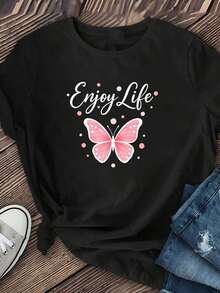 GiftCamiseta de Manga Corta con Estampado de Mariposa "Enjoy Life", Una Prenda Casual para el Día a Día, Hecha de Poliéster Suave y Transpirable con Elasticidad Media, Lavable a Máquina, Ropa de Mujer, Cuello Redondo, Una Prenda Versátil para el Día a Día, Perfecta para el VeranoSoft - Negro - Ver 3