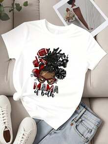 Camiseta de cuello redondo para mujer con estampado "Mamá de Fútbol Americano y Animadora", manga corta, para mamá fanática de los deportes, ropa casual. - Blanco - Ver 2